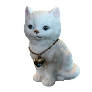 CAT Figurine Lefton Birthstone September Blue Sapphire Heart Necklace Kitten Vtg